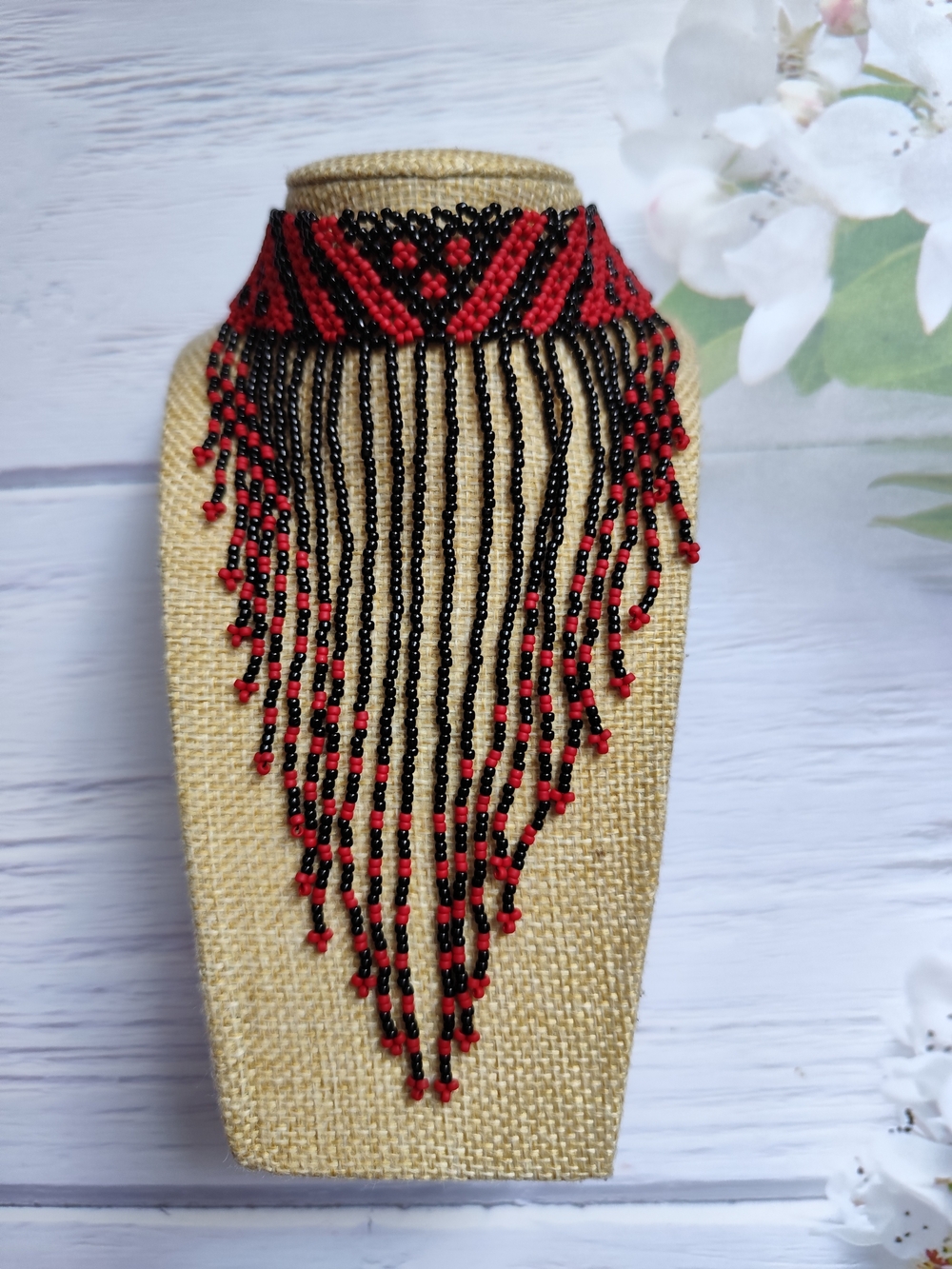 Red and Black Beaded Fringe Choker Necklace - Statement Women's Jewelry